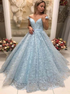 Ball Gown Off The Shoulder Appliques Floor Length Tulle Prom Dress LBQ1824